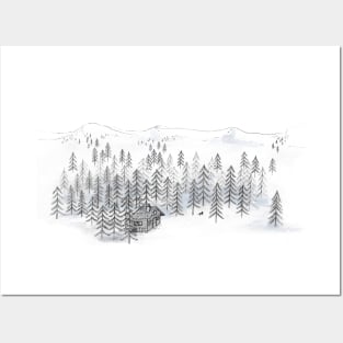 Woodland Retreat Log Cabin Drawing in Black and White Posters and Art